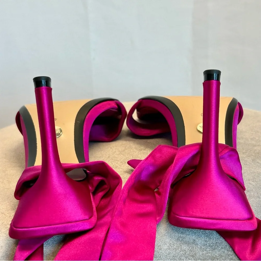 Zara fuchsia hot pink satin ankle-tie heeled sandals square toe Sz 40 open toe - Picture 8 of 9